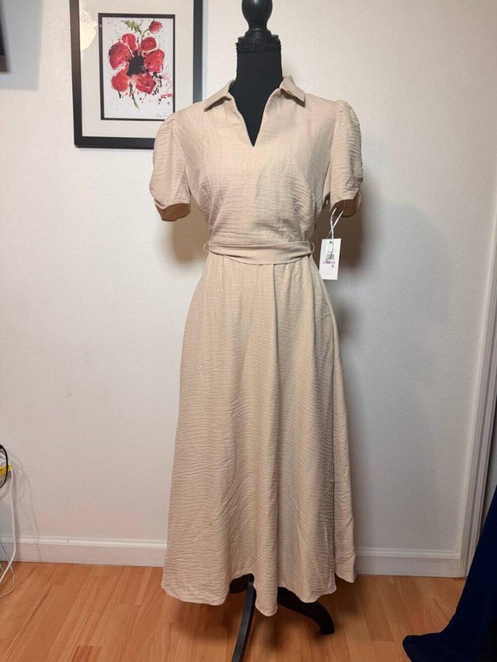 DKNY Beige Puff Sleeve Belted Midi Dress NWT Size 6 Chic Office Style